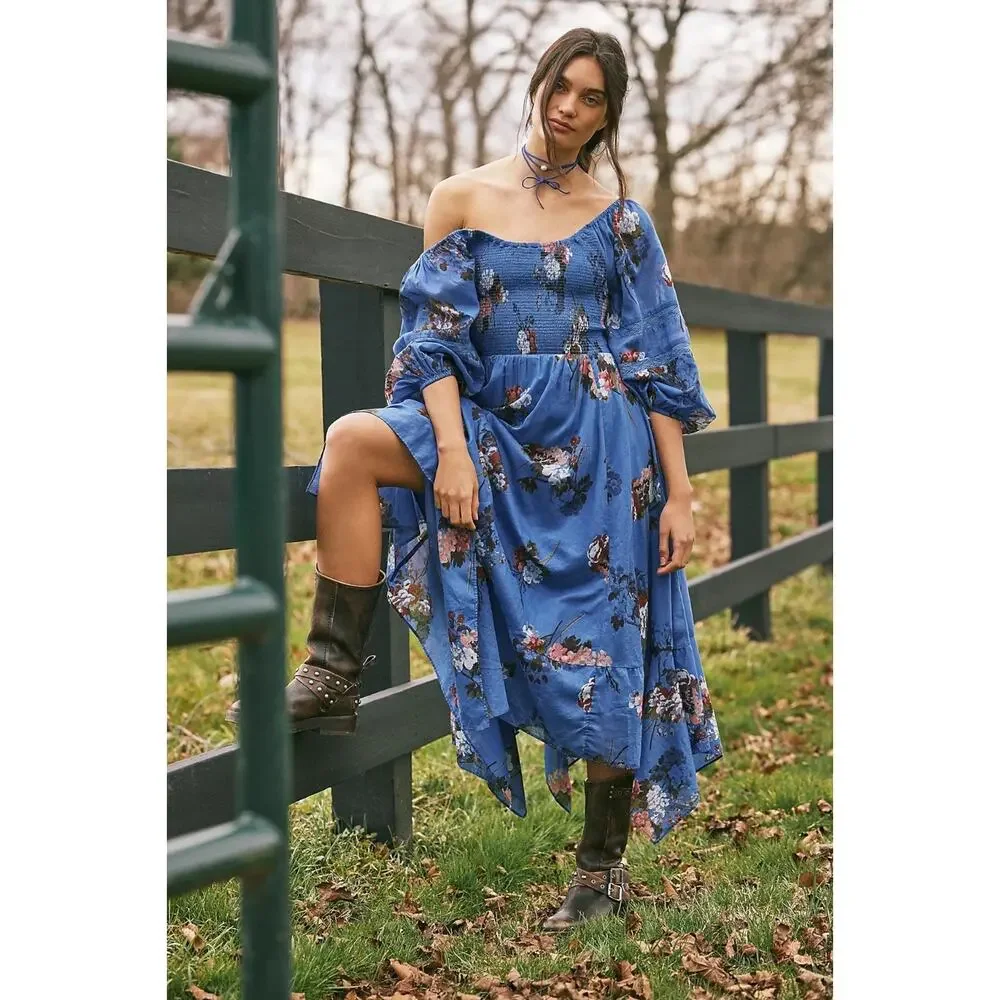 Free People Bohemian Witchy Fairy Morning Glory Maxi Dress Bluebell Size XL
